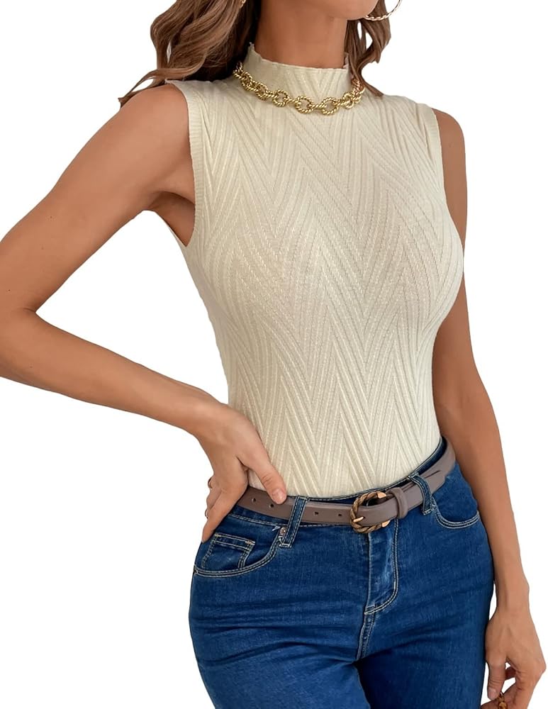Nicetage Women's Mock Neck Sleeveless Slim Fit Ribbed Knit Tee T-Shirts  HS171-626-Beige at Amazon Women's Clothing store
